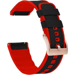 imageBARTON WATCH BANDS with Integrated quick release spring bars  Hybrid Silicone  Cordura Fabric WaterResistant Leather and Silicone Hybrid Watch Bands  Choice of Color ampamp Width 18mm 20mm 22mmBlack Top  Red Bottom Rose Gold Buckle