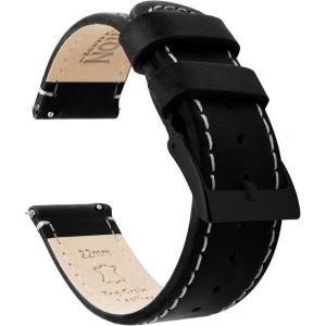 imageBARTON WATCH BANDS  Top Grain Leather Watch Bands Compatible with Apple Watch Models  1 2 3 4 5 6 7 8 9 10 SE Ultra amp Ultra 2Black Leather  Linen White Stitching Black Buckle